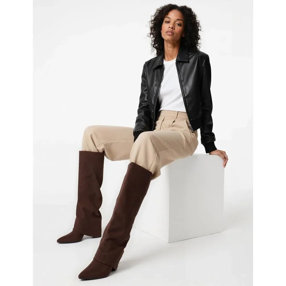 Women Suede Chocolate Faux Leather Fold Over Knee High Chunky High Heels Boot